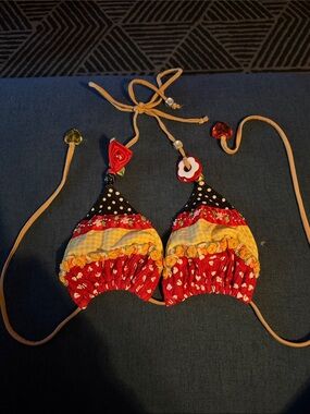 Patchwork Floral Triangle Bikini Top, with bead and other details